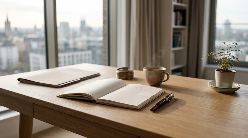 Holztisch mit Notizbuch und Kaffeetasse vor einem Fenster mit Blick auf die Kölner Skyline, Symbolbild für die Kunstausstellung in Köln