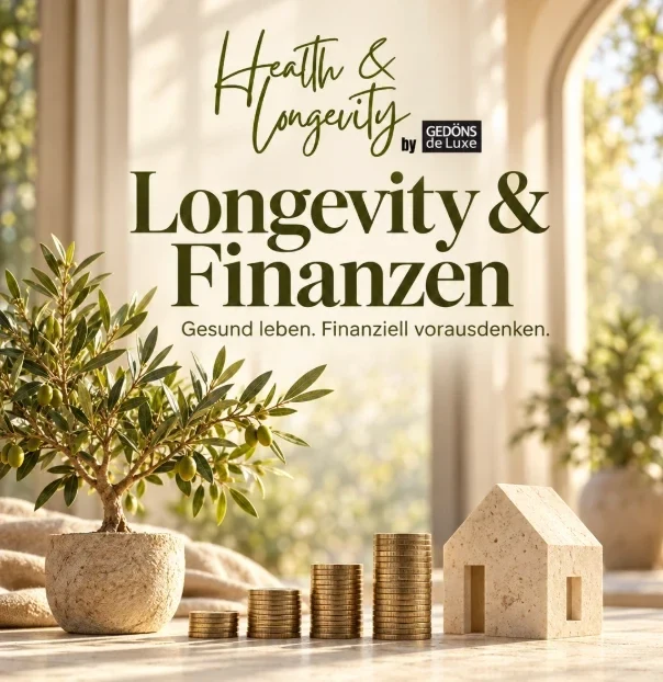 Olivenbaum, Münzstapel und Haus aus Naturstein, Motiv zur Messe Health & Longevity unter dem Titel Longevity und Finanzen