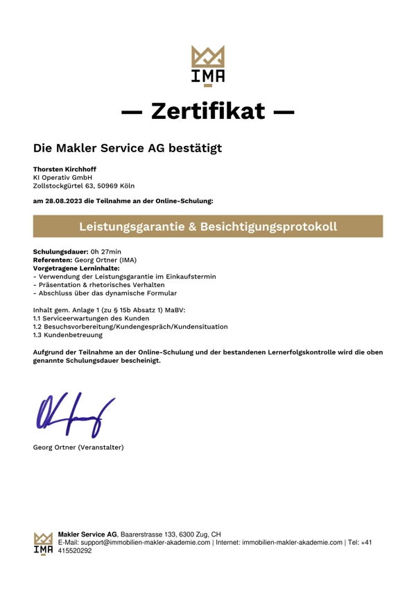 Zertifikat der Makler Service AG: Teilnahme von Thorsten Kirchhoff an der Online-Schulung Leistungsgarantie und Besichtigungsprotokoll am 28.08.2023